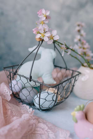 Spring Easter still life, Easter eggs in pastel colors