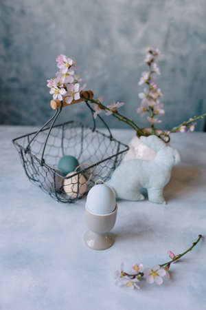 Spring Easter still life, Easter eggs in pastel colorsの写真素材