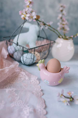 Spring Easter still life, Easter eggs in pastel colorsの写真素材