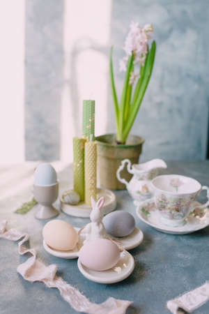 Spring Easter still life, Easter eggs in pastel colorsの写真素材
