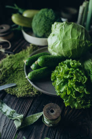 green vegetables, diet food, healthy food. Suitable for recipe book, food blog, brochures and personal websiteの写真素材