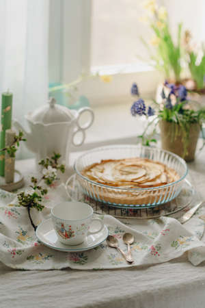 homemade apple pie in light colors in a transparent form, high qualityの写真素材