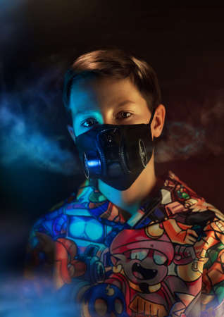 boy in mask against virus and gas