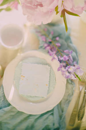 decoration of the festive table with flowers in delicate colors and light shadesの写真素材