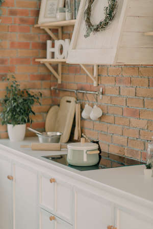 home interior, kitchen, in light beige shadesの写真素材