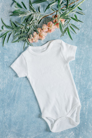 white baby clothes, newborn baby costume mockupの写真素材