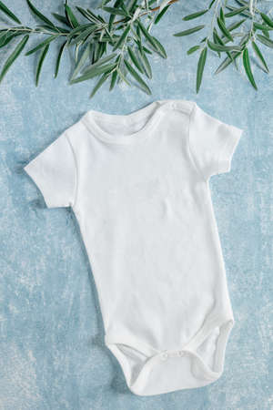 white baby clothes, newborn baby costume mockupの写真素材