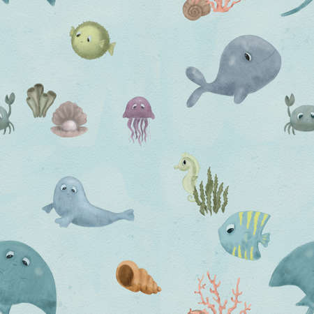 sea animal patterns. Fish and wild marine animals on background. Inhabitants of the sea world, funny underwater creatures. cartoon illustrationの写真素材