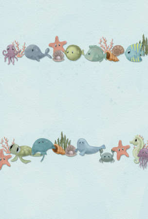 sea animal patterns. Fish and wild marine animals on background. Inhabitants of the sea world, funny underwater creatures. cartoon illustrationの写真素材