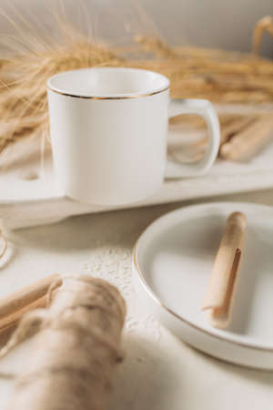 white cup, white mug, rustic style mug mockup, ecological product.の写真素材