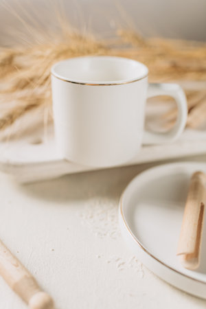 white cup, white mug, rustic style mug mockup, ecological product.の写真素材