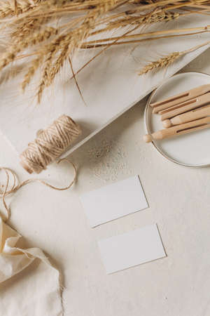Blank paper card mockup, envelope, rustic style. Eco friendly. Bussines card card design, card template.の写真素材