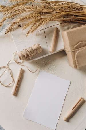 Blank paper card mockup, envelope, rustic style. Eco friendly. Wedding invitation card design, greeting card template.の写真素材