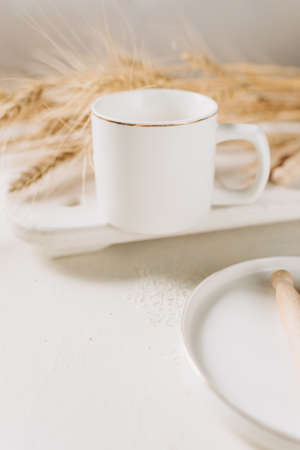 white cup, white mug, rustic style mug mockup, ecological product.の写真素材