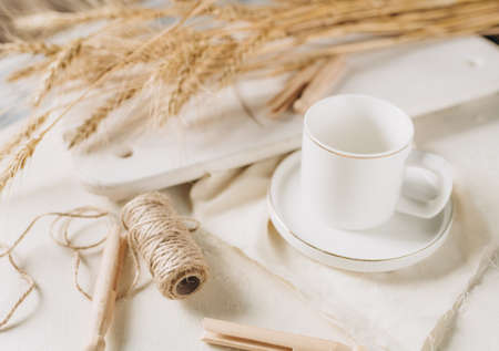 white cup, white mug, rustic style mug mockup, ecological product.の写真素材