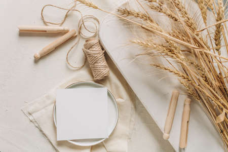 Blank paper card mockup, envelope, rustic style. Eco friendly. Wedding invitation card design, greeting card template.の写真素材