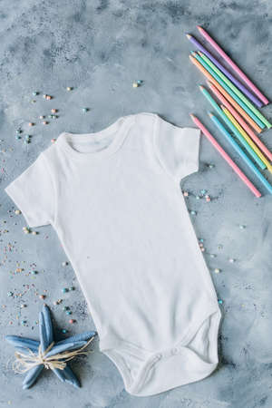 white baby clothes, newborn baby costume mockupの写真素材
