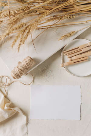 Blank paper card mockup, envelope, rustic style. Eco friendly. Wedding invitation card design, greeting card template.の写真素材