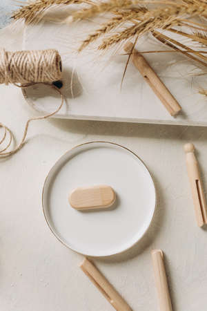 Usb sticks made with bamboo wood, rustic style, mockupの写真素材