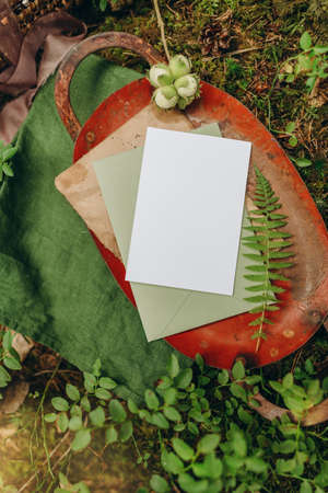 Blank greeting card mockup with envelope.の写真素材