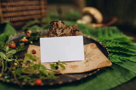 Blank white business card mockup on rustic wooden table with green leaves.の写真素材
