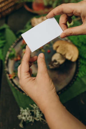 Female hands holding a blank card on a wooden table, close-upの写真素材