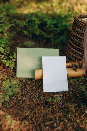invitation card in the hands of a man in the forestの写真素材