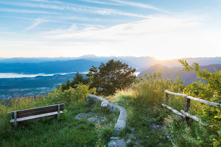 Panorama from the Regional Park Campo dei Fiori of Varese, Italy towards the Pennine Alps with Monte Rosa at sunset. Below you see the Lake Maggiore Also said lake Verbaniaの写真素材