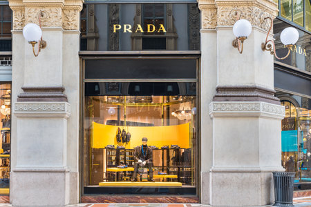 Milan, Italy - February 17, 2017: Prada shop at the Gallery Vittorio Emanuele II (Piazza Duomo) in...