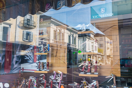 Chiasso, Canton Ticino, Switzerland - May 24, 2017: Victorinox knife shop, in the city center. The famous multi-purpose knife is one of the symbols of Switzerlandのeditorial素材