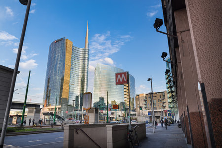 Milan, Italy - February 17, 2017: Piazza Gae Aulenti with the tallest skyscraper in Italy, headquarters of the Unicredit offices. Important financial district of Milanのeditorial素材