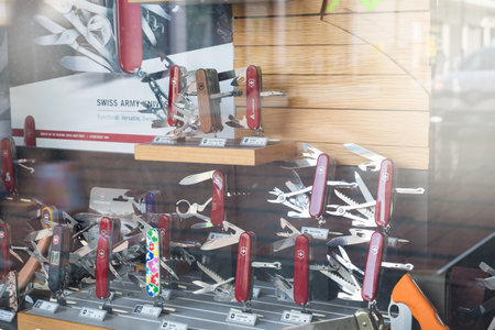 Chiasso, Canton Ticino, Switzerland - May 24, 2017: Victorinox knife shop, in the city center. The famous multi-purpose knife is one of the symbols of Switzerlandのeditorial素材