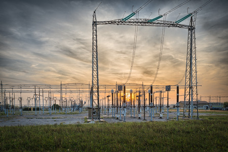 Detail of an electric distribution station with switches and disconnectors. Specifically, this power station uses the energy of many solar panelsの写真素材