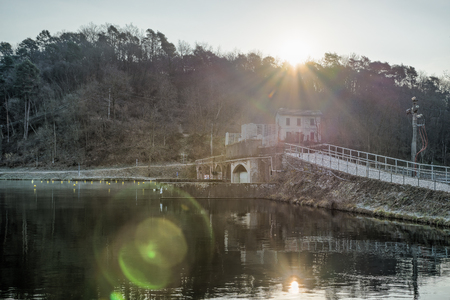 Canale Villoresi (Villoresi canal), Italy. Initial section of the artificial,canal near the town of Somma Lombardo. It originates from the Ticino river, from the Panperduto damの写真素材