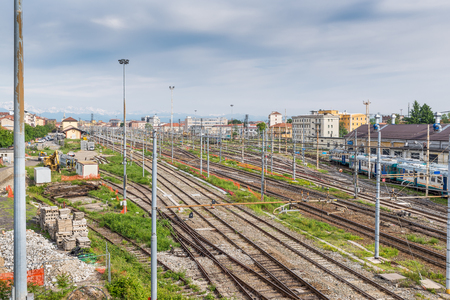 Novara train station with snow capped Alps in the background, Italyの写真素材