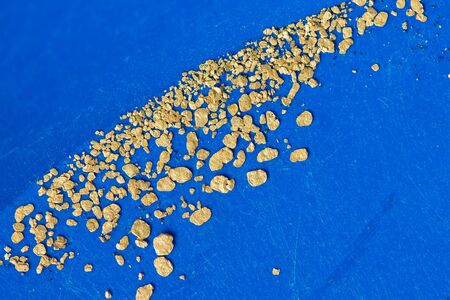 Gold Panning. Gold flakes and small nuggets in a blue pan. Natural alluvial gold from European riversの写真素材