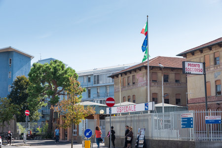Busto Arsizio, Italy â September 30, 2019: Hospital di Circolo (ospedale di Circolo) of Busto Arsizio, street Arnaldo da Brescia, province of Varese, Lombardy. Entrance to the hospitalのeditorial素材