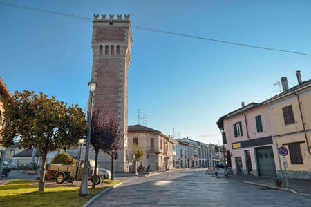 Typical Italian street with stone paving. Biandrate town, street Caccianotti, Piedmont region,...