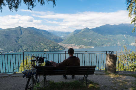 Big italian lake seen from above. Lake Maggiore, Italy with the city of Cannobio in the center and a...