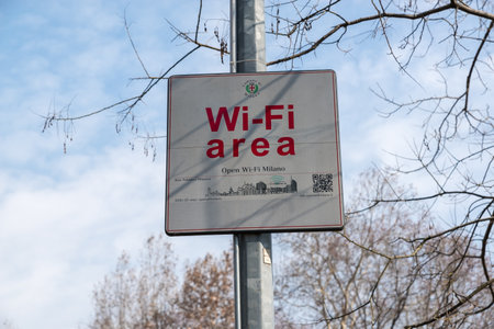 Free Wi-Fi sign. Wifi area sign at a Milan public park, Italy. Free wifi conceptのeditorial素材