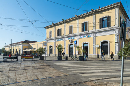Milan city, Italy. Milano Porta GenovaÂ railway station (stazione di Milano Porta Genova) with many bicycles parked in the foreground. It unites Milan city with the city of Mortaraのeditorial素材