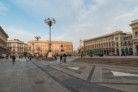 Milan city, Italy, on a winter morning. Piazza Duomo with opposite view to Milan Cathedral. Historic center of the cityのeditorial素材