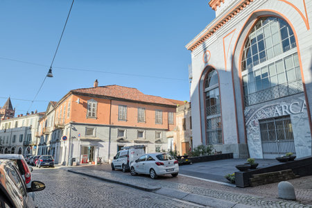 Vercelli, Italy. ARCA, exhibition center located in the central aisle of St. Markâs Church. Arca is a modern glass and steel structure that hosts events and exhibitionsのeditorial素材