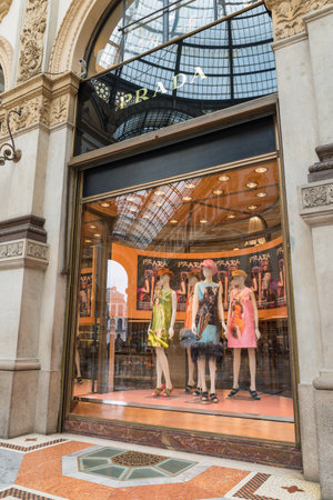 Prada shop in Milan city at the Gallery Vittorio Emanuele II (Piazza Duomo) in Milan center, Italyのeditorial素材