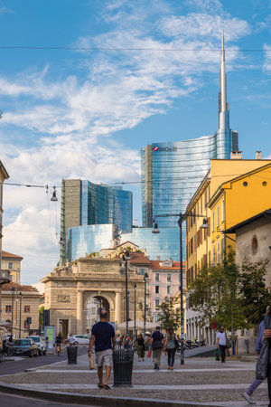 Milan city with the Unicredit tower, tallest skyscraper in Italy, headquartered of the international banking group Unicredit with branches in 18 other countries around the worldのeditorial素材