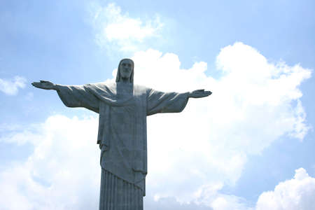 Detail of Christ the Redeemer over blue sky in Rio de Janeiro, Brazilのeditorial素材