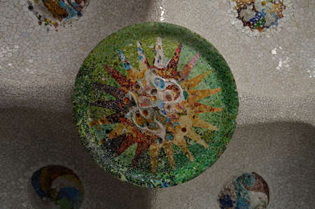 Detail of Mosaic Tiles in the Roof of Sala Hipostila in The Park GÃ¼ell in Barcelona, Spainのeditorial素材