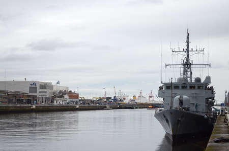 Front View of Irish Navy Ship at The River Liffey in Dublin, Irelandのeditorial素材