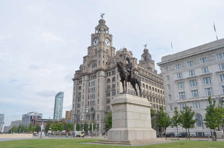Statue of Edward VII Seated on Horseback on the Pier Head in Liverpool, Englandの写真素材