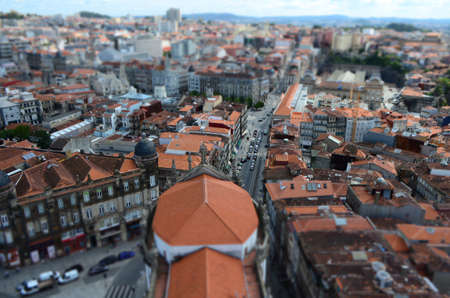 Tilt Shift Focus of City View from Clérigos Church Tower in Porto, Portugal